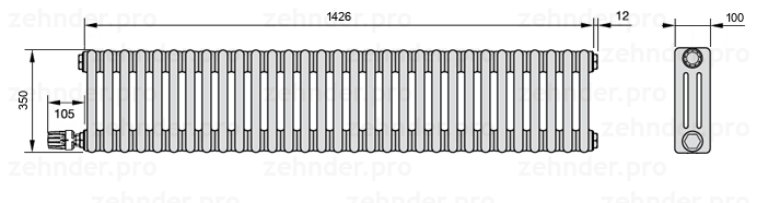 Схема (чертеж) Радиатор Zehnder Charleston 3035/31 №V004 Белый глянцевый RAL 9016